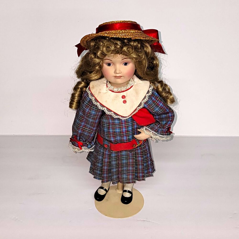 Vntge Franklin Heirloom Porcelain Doll Blonde Ringlets Plaid Dress Straw Hat 13"